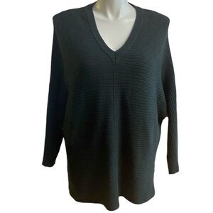 Adrianna Papell Oversized Dark Green Ribbed V-Neck Knit Sweater, Size Large